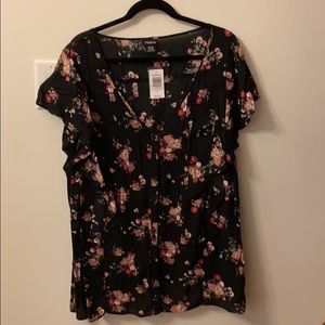 Black Floral Blouse with Flutter Sleeves